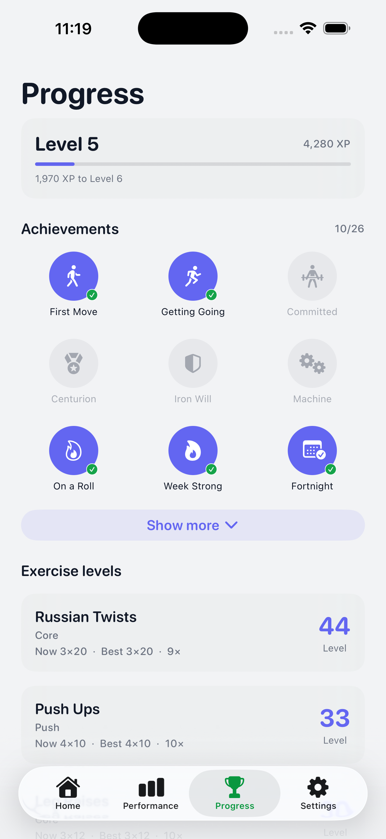 Movin progress screen with XP level, achievements and per-exercise levels