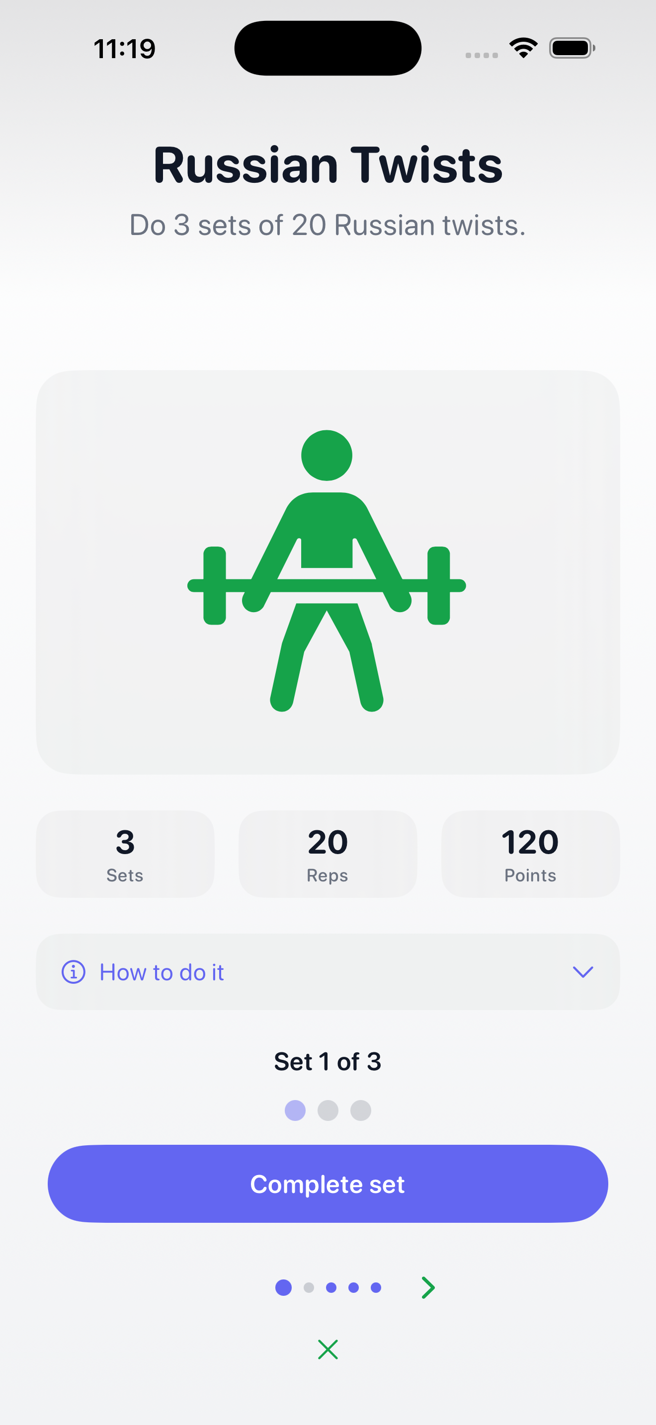 A Movin exercise card showing sets, reps, points and a Complete set button